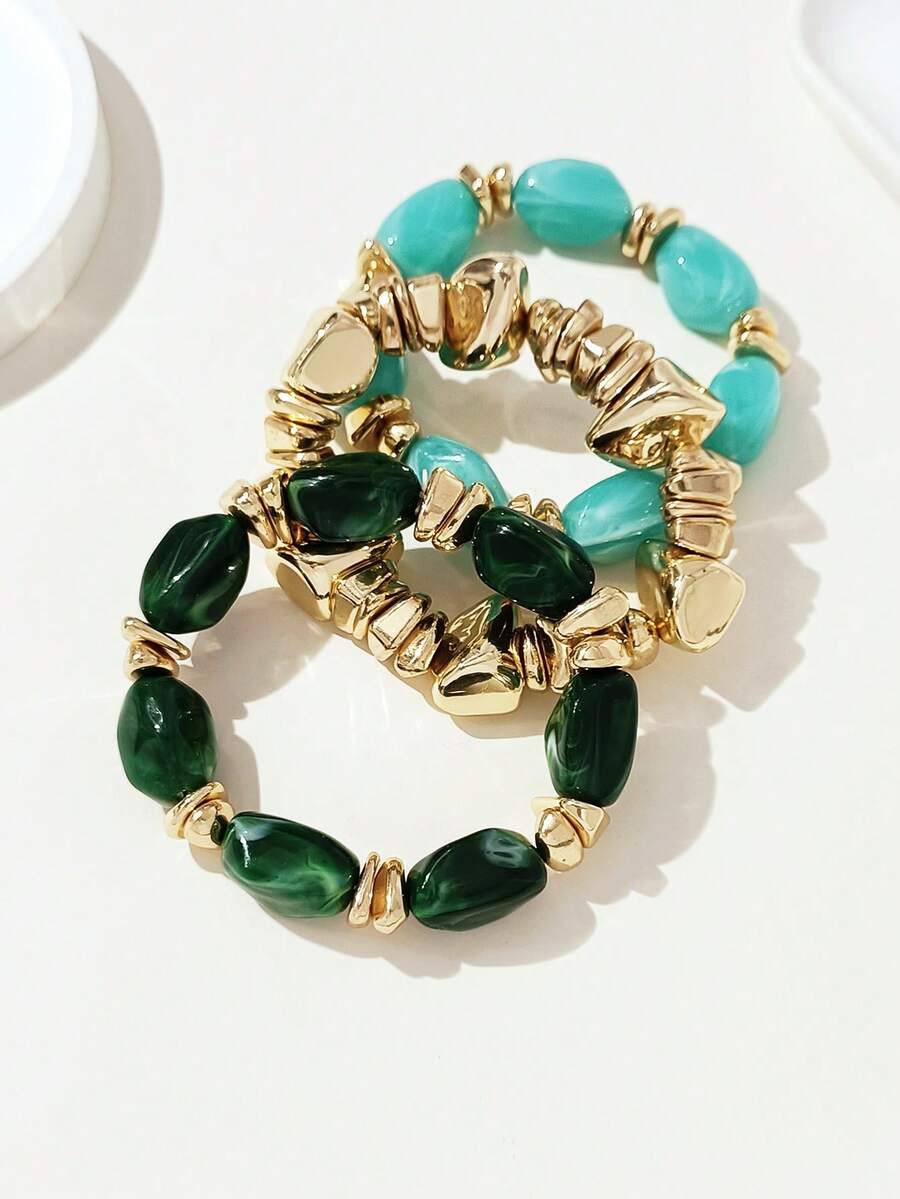 3pcs/Set Gelang Manik-Manik Akrilik Tebal Multi-Lapisan Multi-Warna Gaya Bohemian Vintage Modis dengan Hiasan Batu Hancur Emas untuk Wanita