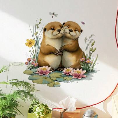 Wall Sticker,Two Otters Are Huddled Together.Featuring Otters, Water Lilies, And Dragonflies, Ideal For Projects. It'S Self-Adhesive, For Windows, Doors, Living Room, Bedroom, Dining Room, Study, Bathroom, Glass Decoration And Embellishment