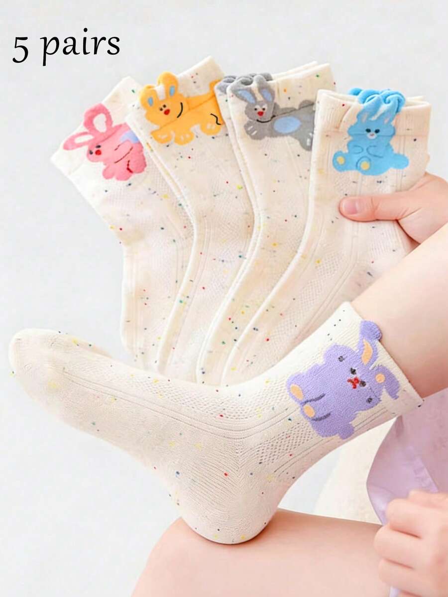 5 Pairs Spring/Summer Breathable Mesh Girls Socks, Cute Cartoon Animal & Polka Dot Mid-Calf Socks For Toddlers - Multicolor - View 1