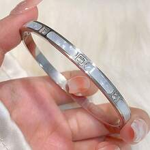 1pc Titanium Steel Rhinestone Bangle Bracelet, Bamboo Knot Shell Waist Clover Nail Star Adjustable Wristband, Non-Fading Jewelry Accessory For Women - Silver - View 16