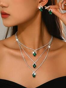 1 Set High-Quality Red Ruby Crystal Necklace And Earrings Set, Sparkling Rhinestone Multi-Layer Accessories, Fashionable For Women's Daily Wear, Parties, Valentine's Day - Green - View 3