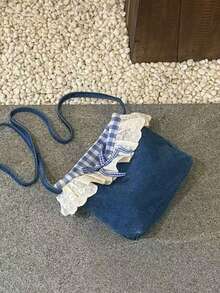 小眾設計珠飾刺繡水桶包，夏季丹寧質感單肩包，新中式時尚百搭女款斜挎包，適合通勤、出遊、購物 - 寶藍色 - 查看 4