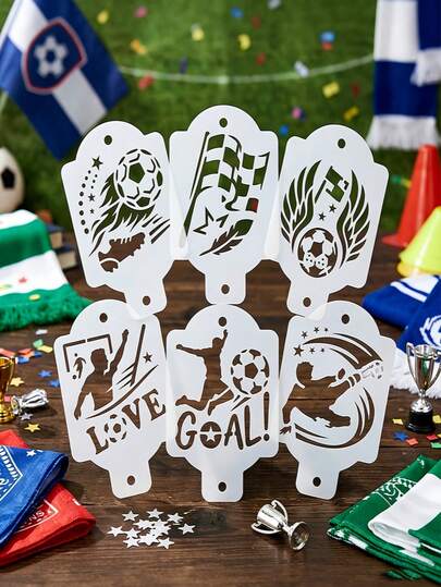 6pcs Reusable Football Themed Face Painting Stencil Set, 6 Inch (15.24cm) Sports Soccer Goal Heart Flame Pattern Plastic Template For Face Painting, Canvas, Wall, Fabric, Paper, Scrapbooking, Card Making