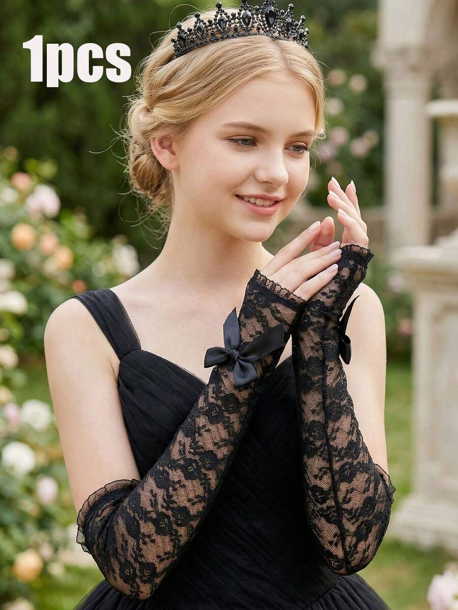 1 Pair 14-16Y Girls' Long Bow Lace Fingerless Gloves, White Lace Gloves, Suitable For First Communion, Communion Gifts, Holy Communion, Communion Keepsake, Suitable For Girl And Girls, Applicable For Wedding, Celebration, Flower Girl, Dance Performance, Birthday Party Princess Photo Props, Suitable For Bride, Evening Gown, Prom - 1Pair - View 1