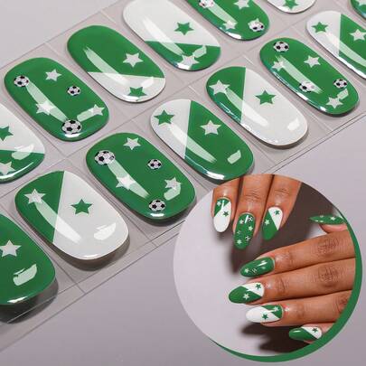 16Pcs World Cup White Green Colour-Blocking Semi-Cured Gel Nail Stickers,Football Stars Cheerful Cute Gel Nail Stickers ,Easy To Apply, Perfect For World Cup-Themed Manicures To Support Your Favourite Team