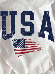 Camiseta Blanca de Manga Corta para Mujer, Estilo Casual para el Día a Día, con Estampado de la Bandera Americana y Letras para el 4 de Julio - Blanco - Ver 5