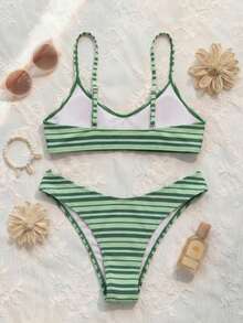 Bộ bikini phong cách Bohemian mùa xuân/hè mới được nâng cấp, màu xanh sọc, dây đeo có thể điều chỉnh, cổ chữ V, gợi cảm, thanh lịch, thích hợp cho bãi biển, kỳ nghỉ, hẹn hò, tiệc tùng. - Nhiều màu - Xem 3