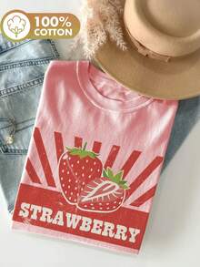 Summer Casual Women's Top, Vintage Style, Strawberry Striped, STRAWBERRY Print, Round Neck, Pure Cotton Short Sleeve T-Shirt - Unisex Loose Cotton Short Sleeve Crew Neck T-Shirt - 粉紅色 - 查看 6