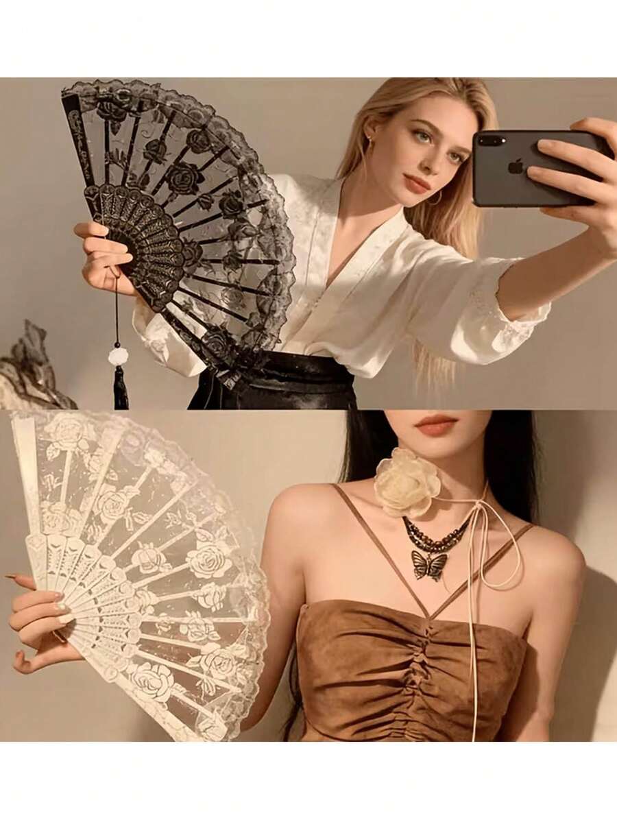 两把/套折扇（含一把扇子+一个流苏），中国风蕾丝玫瑰折扇，复古舞扇，复古蕾丝折扇，女士适用，优雅蕾丝折叠手扇，适合摄影和装饰，便携可折叠，优雅花卉婚礼新娘伴娘礼物折扇，单身派对婚礼派对配饰 - 均碼 - 查看 1