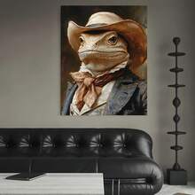 Framed 1 pieza, con marco,  [2D plano] Impresión en lienzo de arte de vaquero lagarto peculiar, retrato divertido de reptil, arte de pared de animal elegante, decoración de pared de iguana, 2D plano - Enmarcado - Ver 4