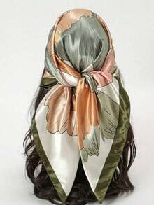 1pc Women's Fashion Peony Print 90cm Square Scarf, Printed Shawl Versatile For Spring/Autumn, Contrast Color Stylish Bandana, Suitable For All Seasons - 綠色 - 查看 11