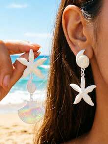 1 Pasang Anting-Anting Gaya Liburan Pantai Modis dan Serbaguna dengan Motif Kerang & Bintang Laut Asimetris dari Logam, Cocok untuk Pakaian Sehari-hari dan Aksesori Pesta - UV putih - View 4