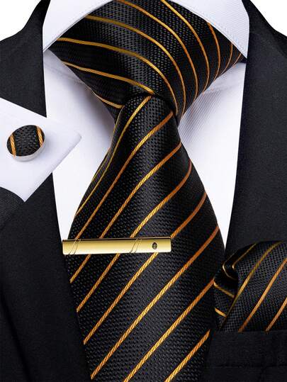 Men's Black & Gold Striped Tie Set - Includes Pocket Square, Cufflinks And Gold Tie Clip, Fashionable Formal Business Tie,Accessories,Festival,Gifts