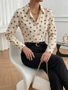 YUXIN Áo sơ mi nữ cổ bẻ in chấm bi cổ điển, cài cúc, nhẹ, thoải mái, tay dài, thích hợp mặc hàng ngày mùa xuân hè. - Màu Khaki - Xem 10