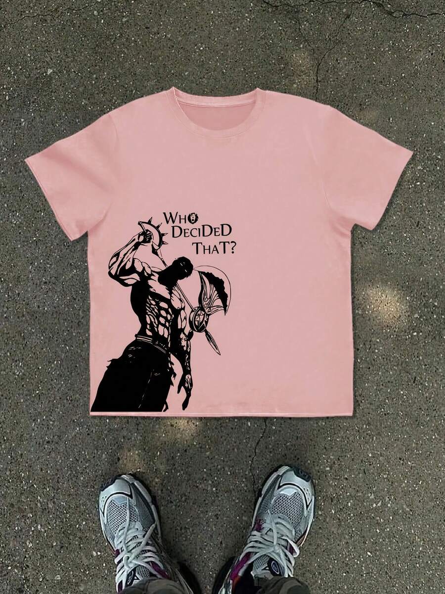 2026 New Men's And Women's T-ShirtMen'S New T-Shirt | Y2K Fashion Print, White Base With Black Anime-Style Muscular Character Silhouette, "Who Decided That? "Text, Tough Lines And Distinctive, Suitable For Anime Fans And Outfits, Regular Fit, Crew Neck, Slight Stretch Fabric - màu đen - Xem 1
