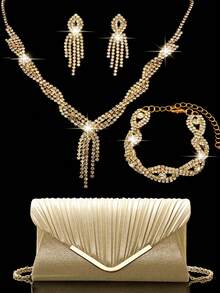 Rhinestone Jewelry Necklace Earrings Bracelets Set For Luxury Sparkling Rhinestone Clutch Bag Clutch Bag For Party, Romantic Wedding, Spring/Summer Chain Shoulder Bag, Bride Bag, Formal Prom Clutch, Elegant Evening Dress Bag, Perfect For Party Wedding Prom Dinner/Banquet, Matching With Holiday Party Dress - Gold - View 1