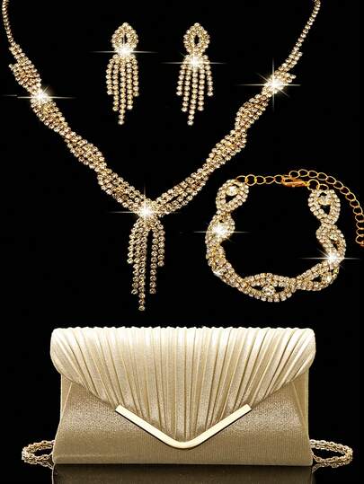 Rhinestone Jewelry Necklace Earrings Bracelets Set For Luxury Sparkling Rhinestone Clutch Bag Clutch Bag For Party, Romantic Wedding, Spring/Summer Chain Shoulder Bag, Bride Bag, Formal Prom Clutch, Elegant Evening Dress Bag, Perfect For Party Wedding Prom Dinner/Banquet, Matching With Holiday Party Dress