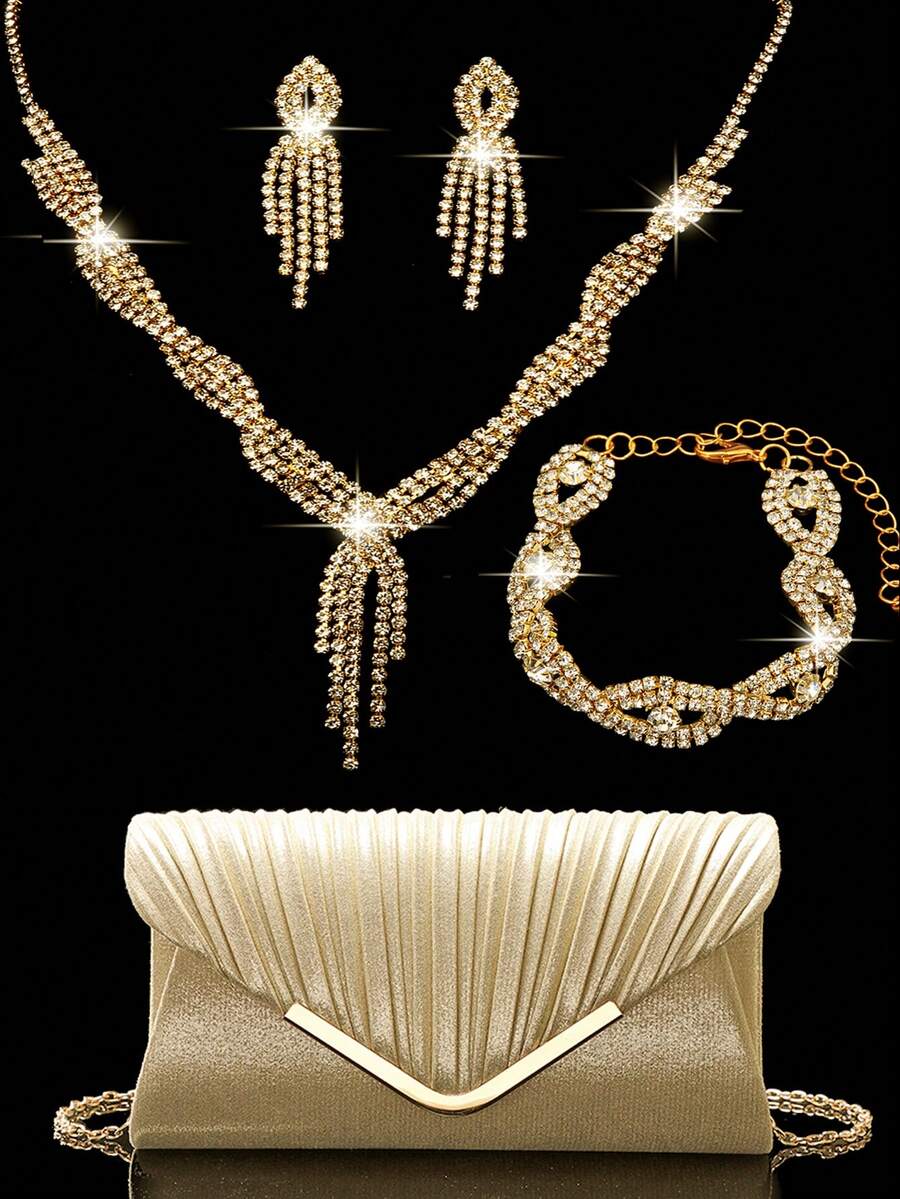 Rhinestone Jewelry Necklace Earrings Bracelets Set For Luxury Sparkling Rhinestone Clutch Bag Clutch Bag For Party, Romantic Wedding, Spring/Summer Chain Shoulder Bag, Bride Bag, Formal Prom Clutch, Elegant Evening Dress Bag, Perfect For Party Wedding Prom Dinner/Banquet, Matching With Holiday Party Dress - Gold - View 1