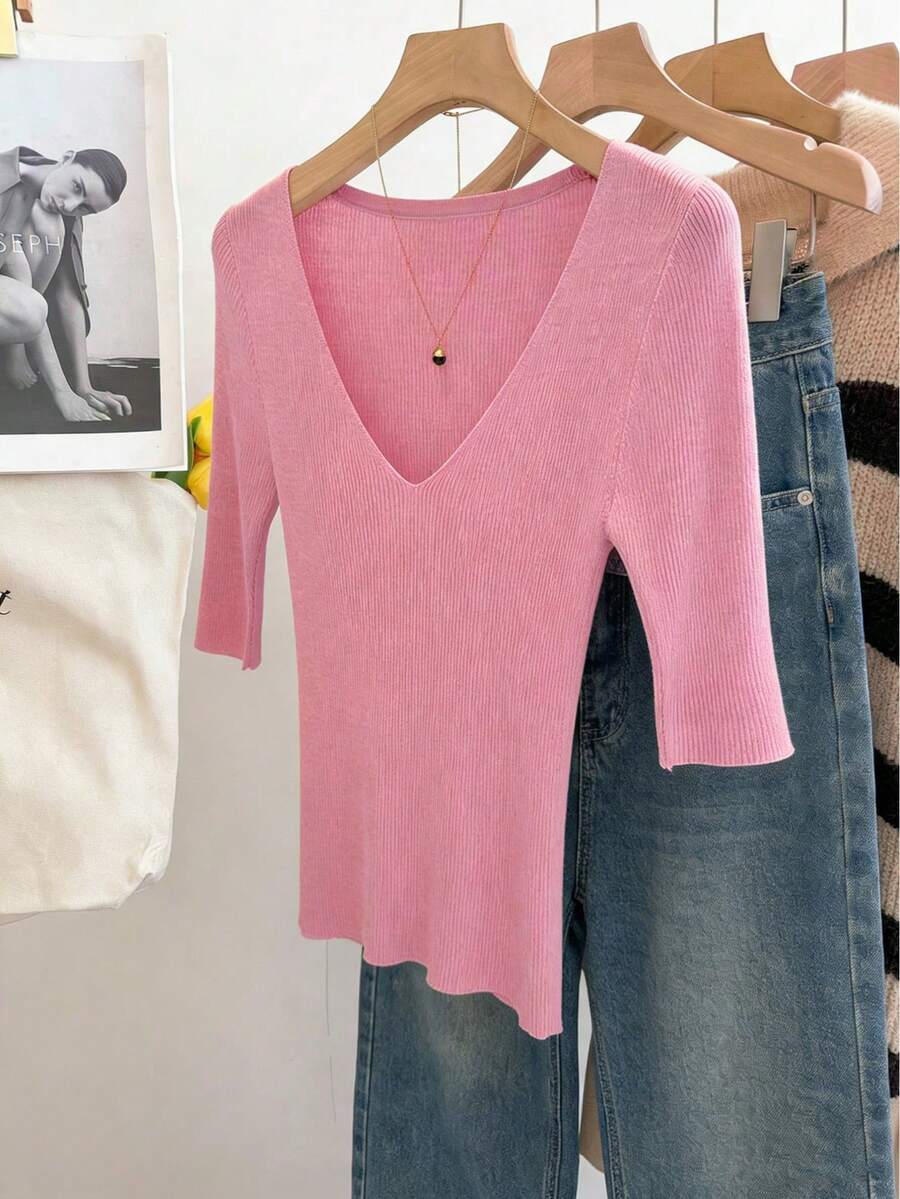Comfortable, Skin-Friendly Knit Sweater, Fitted Silhouette, Short Sleeve, V-Neck, Elastic, Casual Elegant Versatile, Suitable For Commuting, Suitable For Summer And Autumn/Winter Pink - Pink - View 1
