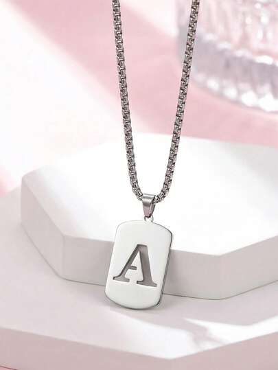 1件不锈钢几何吊牌项链，带英文字母，时尚男士配饰，适合派对和日常佩戴