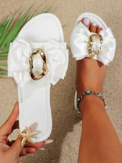 Women's Elegant & Comfortable Strap Slippers, Casual Street Fashion Personalized Holiday Shoes, Solid Color Outdoor Flat Sandals With Bowknot & Golden Round Buckle, Suitable For Spring/Summer & Beach