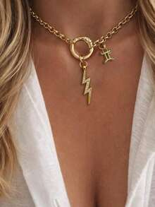 1pc Women's 12 Zodiac Constellation Pendant Necklace, Featuring Smooth Gold-Tone Ring And Lightning Shaped Diamond Pendant Design, Highlighting Personalized, Suitable For Daily Wear And An Excellent Gift - Gold - View 5