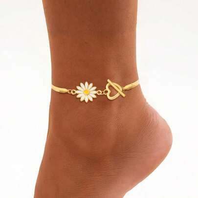 1 chiếc vòng chân thời trang hình trái tim hoa cúc nhiều màu sắc, khóa cài dạng móc, bằng thép không gỉ mạ vàng, kiểu dây xích xương cá dành cho nữ