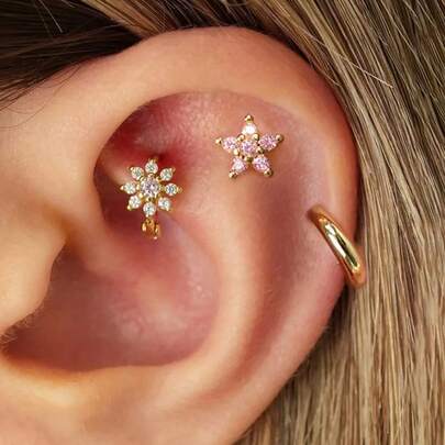 3PCS Fashion Stainless Steel Minimal Round Daisy Piercing Hoop Earrings Sets For Women 18K Gold Plated Cubic Zirconia Flower Stud Earrings Aesthetic Jewelry