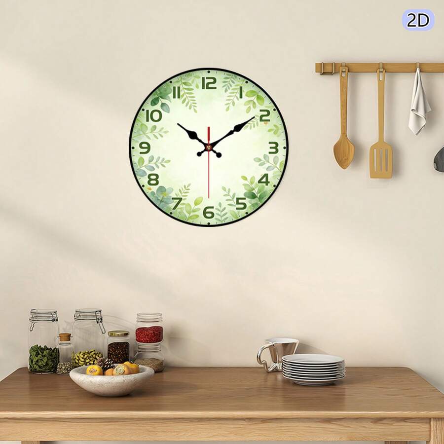 2D Flat.1pc. Forest-Themed Fresh Green Plant Watercolor Clock With Small Yellow Flowers, Silent Decorative Clock, Creative Wall Clock, Suitable For Bedroom, Living Room, Office Decoration, 10inch (AA Batteries Not Included),Mother's Day Gift,Fathers Day Gift,Wedding,Dorm Room Essentials College,House Deocr,Kitchen Essentials - A - 查看 1