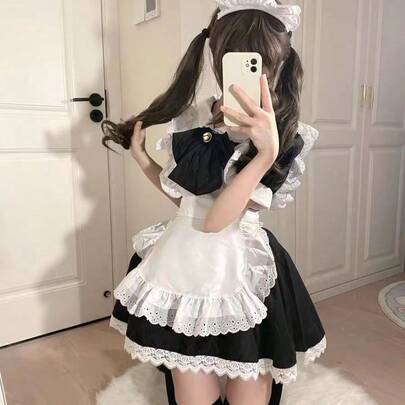 白黒 メイド服 ロリータ 可愛い 大きなリボンドレス 40〜60kg Lサイズ コスプレ アニメ エプロン付き ロリィタファッション