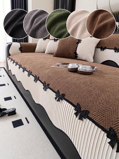 SANMOSPIN 1pc Irregular Chenille Luxury Sofa Cover, Bow Decor Hem, Suitable For Bedroom, Office, Living Room, Home Decor, Minimalist Modern Style, All Season