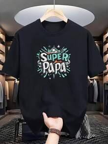 Vintage Short-Sleeve T-Shirt With A Crew Neck And A Creative Graffiti-Style Print Featuring The Colorful Letters "Super Papa" (With Stars And - 黑色 - 查看 7