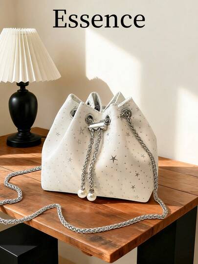 1 adet Bej Bahar Yeni Yıldız Desenli Naylon Kova Çanta, Kadın Zincir Askılı Omuz Çapraz Çanta