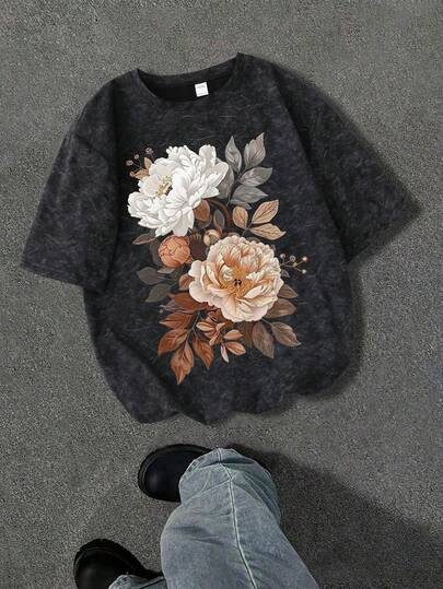 Girls' Elegant Floral T-Shirt, Vintage Peony Print Washed T-Shirt, Soft Comfortable Fabric Loose Top Suitable For Summer Casual Street Style