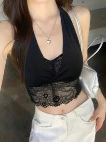 Áo hai dây cổ yếm hở lưng gợi cảm phối ren, dáng ôm, phong cách tối giản quyến rũ, màu đen, thích hợp cho mùa hè. - màu đen - Xem 5