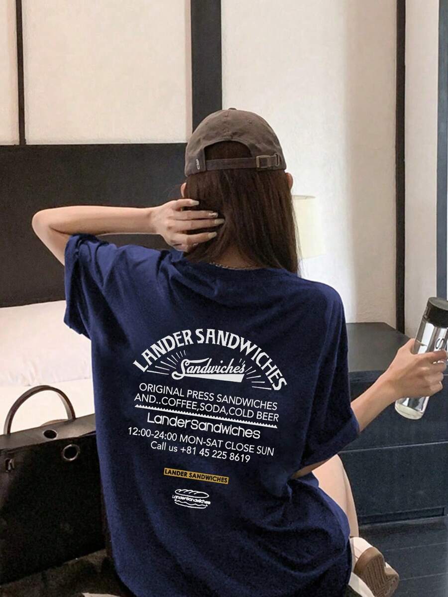 女士休闲圆领字母卡通食物印花宽松短袖T恤,适合春夏穿着 - 深藍 - 查看 1