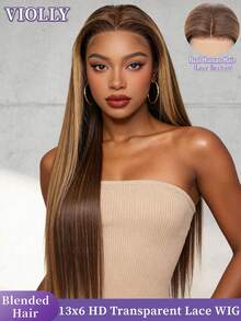 VIOLLY 180% 以上密度蕾丝前假发，28/30/32 英寸，13X4/13X6 高清直发蕾丝前假发，瑞士透明蕾丝，4/27 蜜金色混发真人发假发，带婴儿发，耐热纤维，女士假发 - SP4/27 - 查看 2