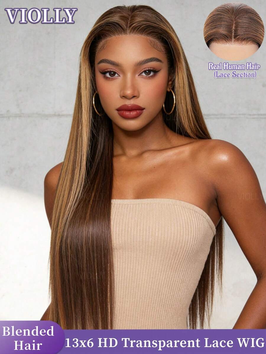 VIOLLY 180% 以上密度蕾丝前假发，28/30/32 英寸，13X4/13X6 高清直发蕾丝前假发，瑞士透明蕾丝，4/27 蜜金色混发真人发假发，带婴儿发，耐热纤维，女士假发