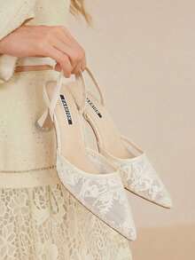 新款女士时尚夏季优雅尖头蕾丝边套脚高跟米色凉鞋 - 米色 - 查看 6