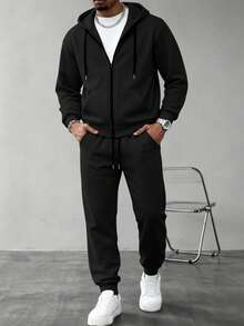 Conjunto de 2 piezas Kolrap, sudadera con capucha larga y pantalones deportivos con cordón, conjunto casual de hombre con sudadera con capucha con cremallera y cordón, y pantalones deportivos, ropa deportiva holgada unisex, adecuada para principios de otoño - Negro - Ver 13
