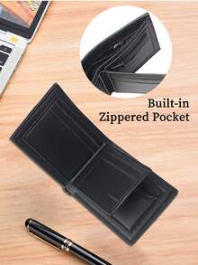 HOVI'S 1pc Men's Short Bifold Wallet, Business Minimalist Style, Multiple Card Slots & Zipper Coin Pouch, Compact PU Leather Card Case, Suitable For Daily Use & Business Commute - Black - View 3