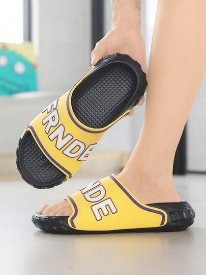 1 Pair Men's Casual Sandals, Soft Comfortable Summer Slippers, Colorblock Slip-On Slides, Fashionable Thick Sole Letter Decor Slippers