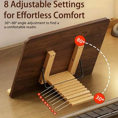 1 Wooden Reading Stand - 8 Slot Adjustable Solid Desktop Reading Holder Bookstand, Ergonomic Angle Adjustable Book Holder, Non-Slip, Portable Foldable Vertical Fixing Stand, Suitable For Study/Office, Room Decor Bedroom Furniture Bookshelf, A Practical Learning Tool