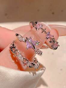 3件套甜美酷炫风火辣女孩镶嵌粉钻心形戒指套装 三件套女士个性化高端手部饰品 - 彩色 - 查看 1