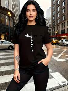 Ideal para ocasiones informales. El diseño "Faith" incorpora estampados de cruz cristiana y mariposas, que son elegantes y a la moda. La sencilla camiseta de manga corta para mujer, de cuell - Azul - Ver 9