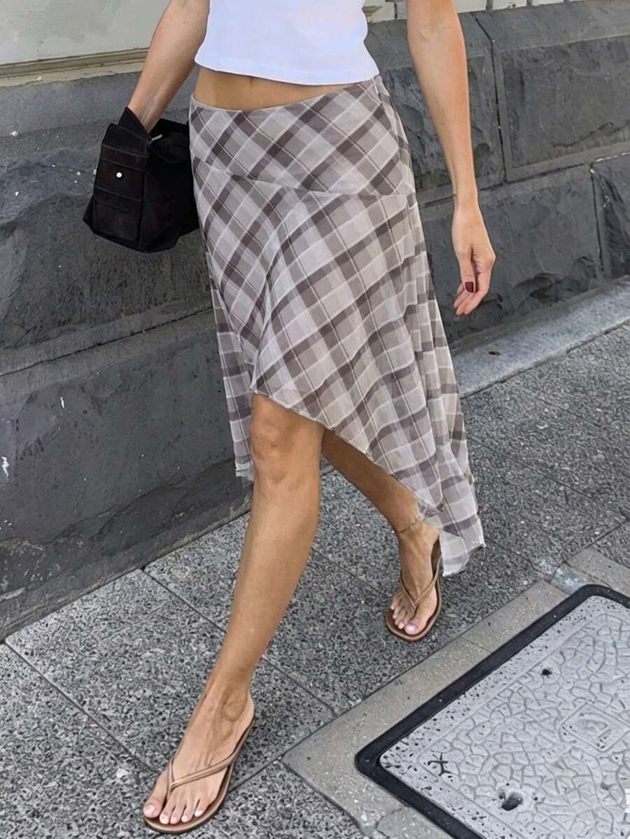 女士优雅米棕色格子不对称不平衡下摆中长裙，休闲街头风 - 灰色 - 查看 1