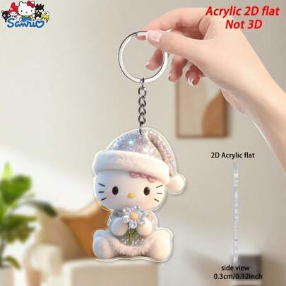 SANRIO 2D Flat Design - A Cute 2D Acrylic Holding Flowers Keychain. This Keychain Accessory Is Perfect For Decorating Bags, Keys, And Backpacks, And Makes An Ideal Gift For Christmas, New Year, Valentine's Day, And Easter