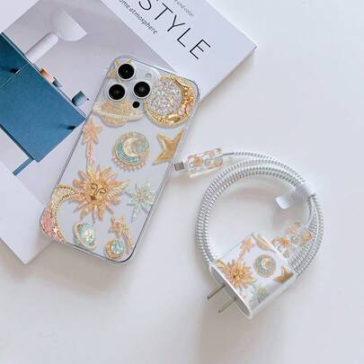 Juego de 6 en 1: Funda de teléfono con diseño de sol y planeta + Cubierta del cargador + Protector de cable + Organizador de cable + Envoltura de cable de datos, Funda protectora a prueba de golpes de TPU para iPhone 6-16 Pro Max, adecuado como regalo de cumpleaños y Navidad para parejas, hijas, novias, adolescentes