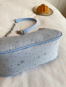 Spring Fashion Women's Chain Shoulder Bag, Star Pattern Zipper Closure Crescent Underarm Bag, Suitable For Daily Wear - Blue - View 10