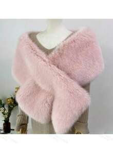 1件人造毛皮新娘披肩领秋冬斗篷宴会婚礼礼服围巾 - 淺粉色 - 查看 2